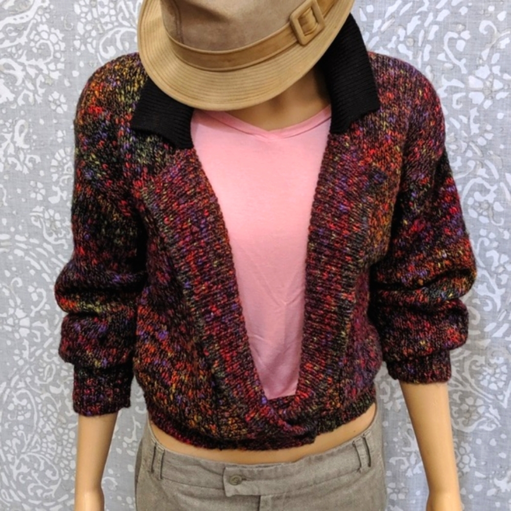 Vintage 80s 90s Fall Colors/Jewel Tones Rainbow Knit Sweater Cardigan